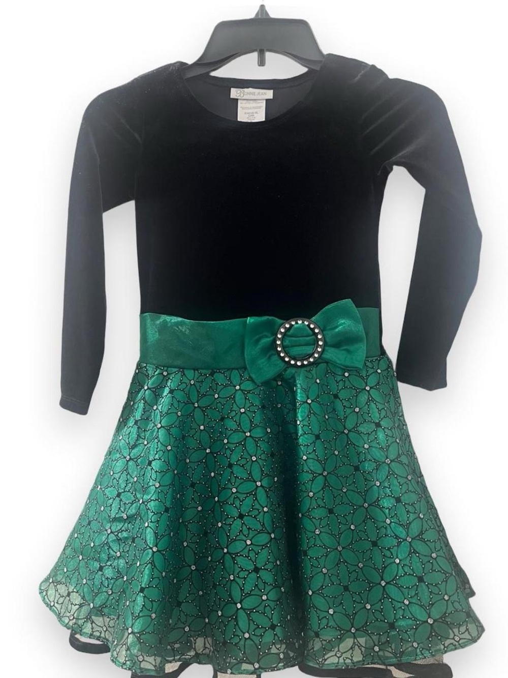 Bonnie Jean Black and Emerald Green Velvet Dress with Bow